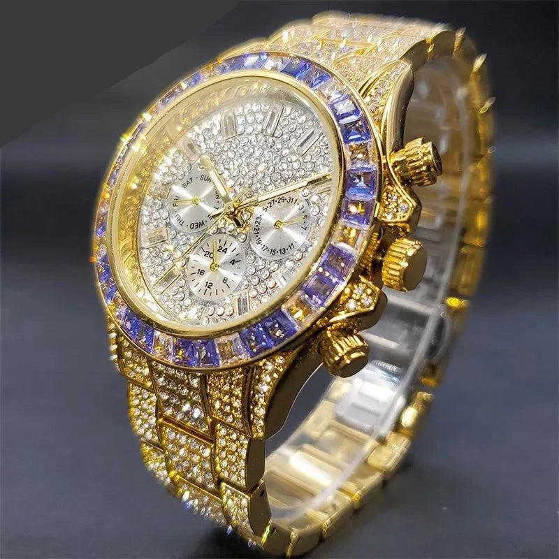 Ostente a Luxúria: Relógio Masculino Dourado com Diamantes Roxos - Corletaria